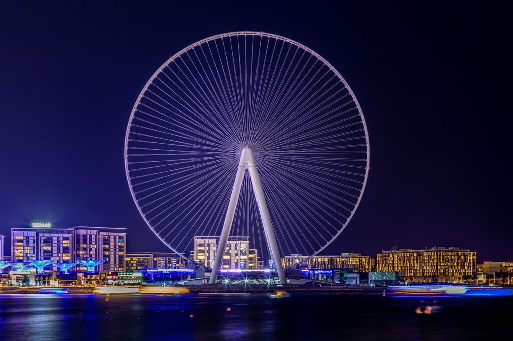 ferris wheel, landscape, dubai, u a e, night, lights, architecture, nature, lighting, skyline, large, cityscape, round, water, sea, perspective, night photograph